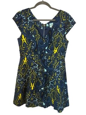 Anthropologie Plenty dresses Tracy Reese Navy Yellow Paisley Dress Size 10p